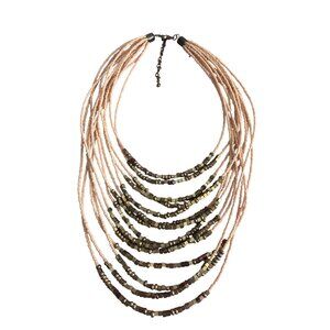 Vintage Multi Strand Beaded Necklace Peach Antique Gold Tone Beads Adj 16" + 3"